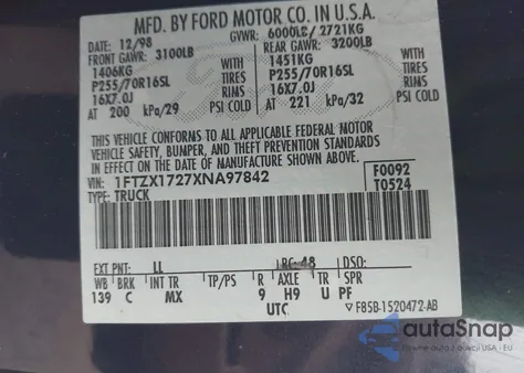 1999 Ford F-150 from USA, damaged, VIN 1FTZX1727XNA97842